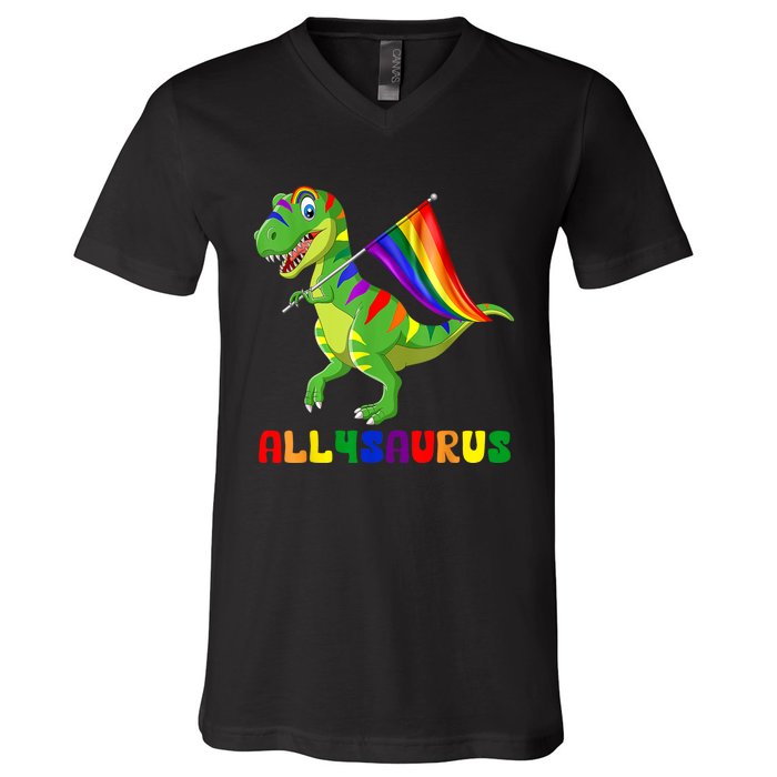 Allysaurus LGBT Dinosaur Rainbow Flag Ally LGBT Pride V-Neck T-Shirt