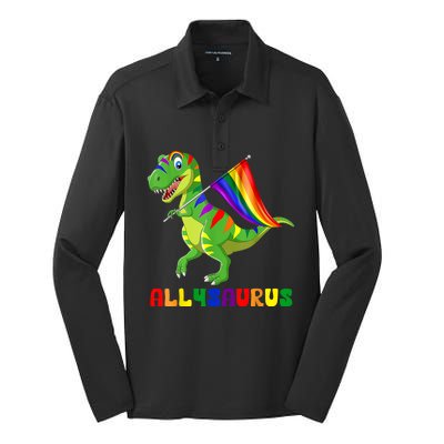 Allysaurus LGBT Dinosaur Rainbow Flag Ally LGBT Pride Silk Touch Performance Long Sleeve Polo