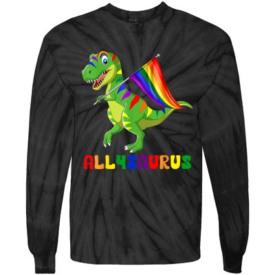 Allysaurus LGBT Dinosaur Rainbow Flag Ally LGBT Pride Tie-Dye Long Sleeve Shirt