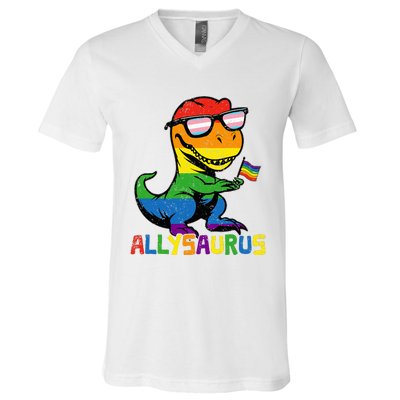 Allysaurus Lgbt Dinosaur Rainbow Flag Ally Lgbt Pride V-Neck T-Shirt