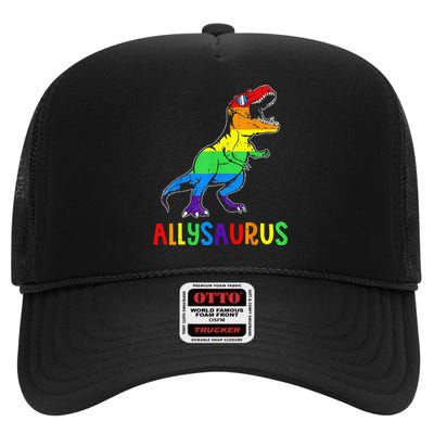 Allysaurus LGBT Dinosaur Rainbow Flag Ally LGBT Pride High Crown Mesh Back Trucker Hat