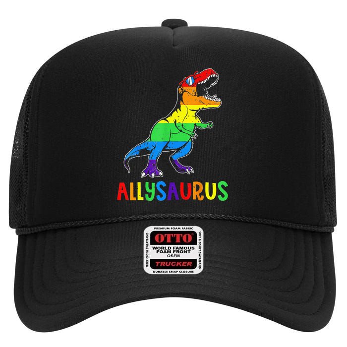 Allysaurus LGBT Dinosaur Rainbow Flag Ally LGBT Pride High Crown Mesh Back Trucker Hat