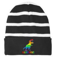 Allysaurus LGBT Dinosaur Rainbow Flag Ally LGBT Pride Striped Beanie with Solid Band