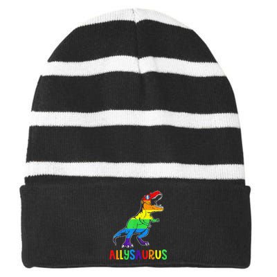 Allysaurus LGBT Dinosaur Rainbow Flag Ally LGBT Pride Striped Beanie with Solid Band