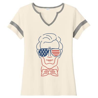 Abe Line Drawing Usa 4th Of July President Abraham Lincoln Ladies Halftime Notch Neck Tee