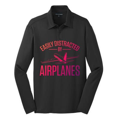 Airplane Lovers Easily Distracted By Airplanes Meaningful Gift Silk Touch Performance Long Sleeve Polo