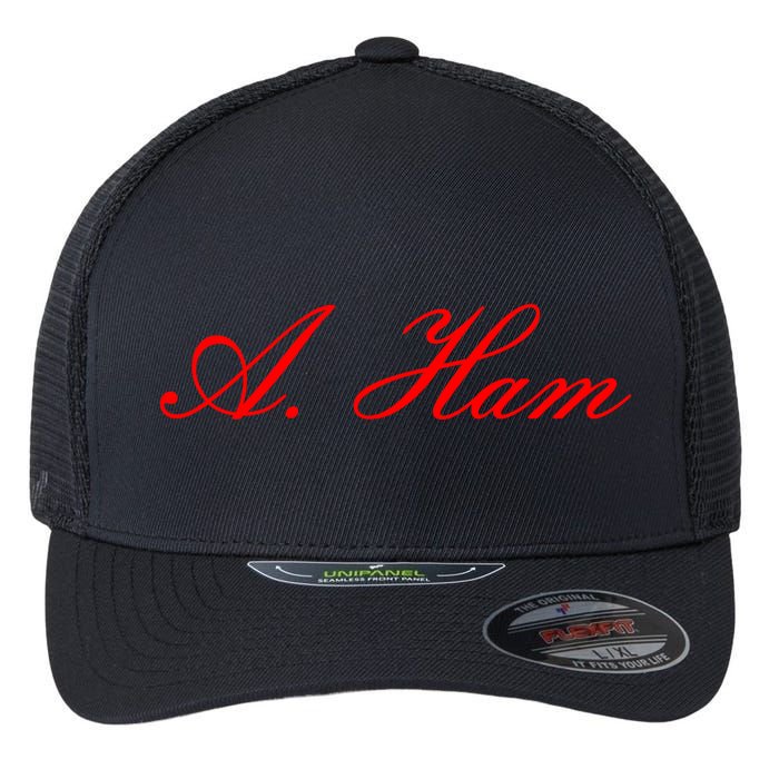 Alexander Hamilton A. Ham Red Script Logo Flexfit Unipanel Trucker Cap