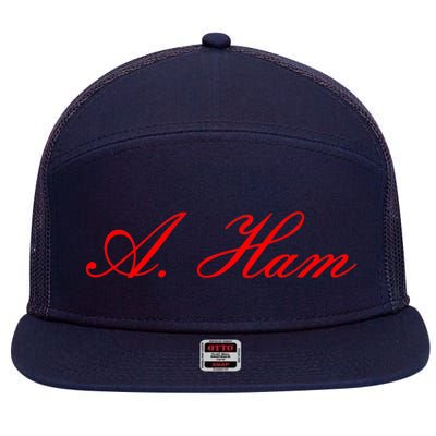 Alexander Hamilton A. Ham Red Script Logo 7 Panel Mesh Trucker Snapback Hat