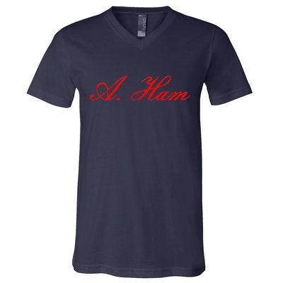 Alexander Hamilton A. Ham Red Script Logo V-Neck T-Shirt