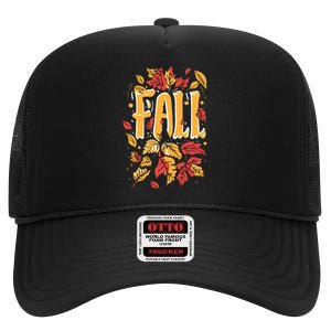 Autumn Leaves Fall Season Theme High Crown Mesh Back Trucker Hat