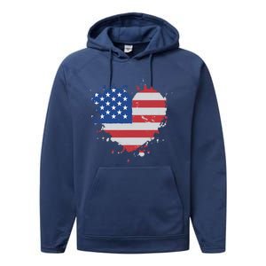 America Love Flag USA Heart 4th July American Proud Girl Performance Fleece Hoodie