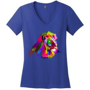 Africa Lion Face Gift Colorful South Animals Safari Hoody Women's V-Neck T-Shirt