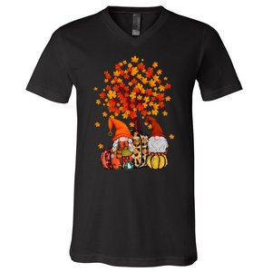 Autumn Leaves Gnomes Fall Season Pumpkin V-Neck T-Shirt