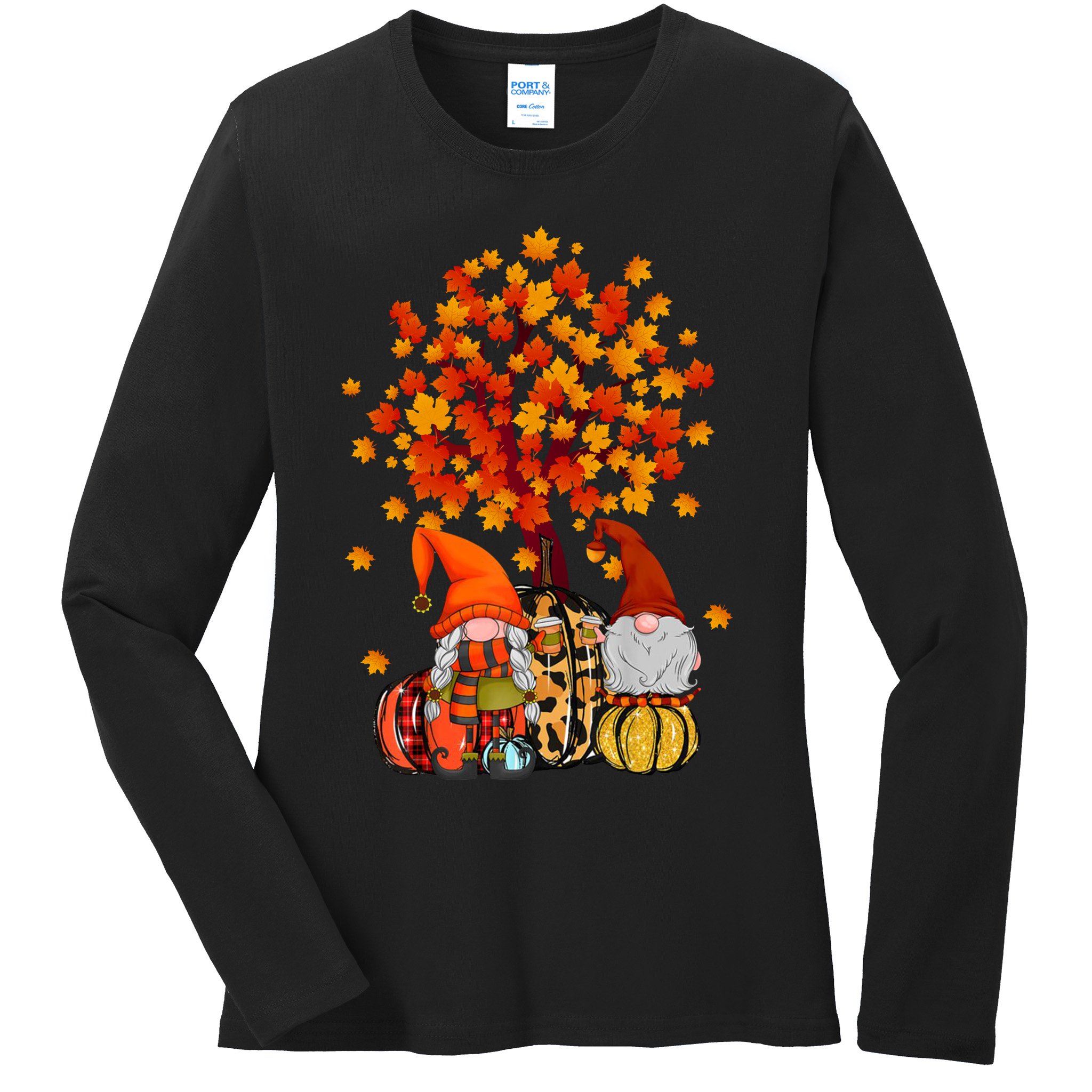 Autumn Leaves Gnomes Fall Season Pumpkin Ladies Long Sleeve Shirt