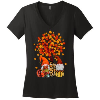 Autumn Leaves Gnomes Fall Season Pumpkin Women's V-Neck T-Shirt