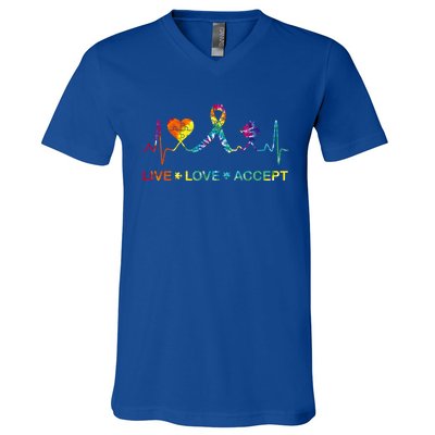 Autism Love Heart Puzzle Piece Autism Heartbeat Meaningful Gift V-Neck T-Shirt