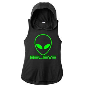 Alien Believe Funny Science Ladies PosiCharge Tri-Blend Wicking Draft Hoodie Tank