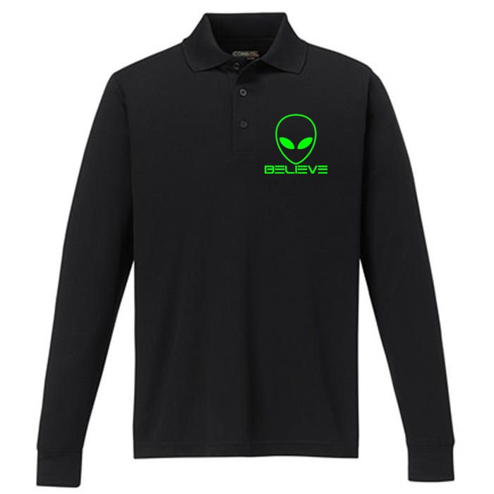 Alien Believe Funny Science Performance Long Sleeve Polo