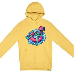 Alien On Flamingo Floaty Funny Premium Pullover Hoodie