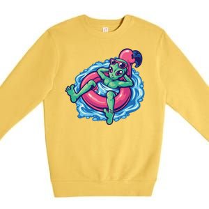 Alien On Flamingo Floaty Funny Premium Crewneck Sweatshirt