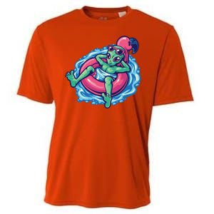 Alien On Flamingo Floaty Funny Cooling Performance Crew T-Shirt