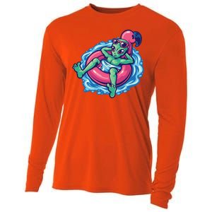 Alien On Flamingo Floaty Funny Cooling Performance Long Sleeve Crew