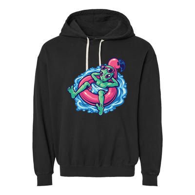 Alien On Flamingo Floaty Funny Garment-Dyed Fleece Hoodie