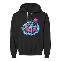 Alien On Flamingo Floaty Funny Garment-Dyed Fleece Hoodie