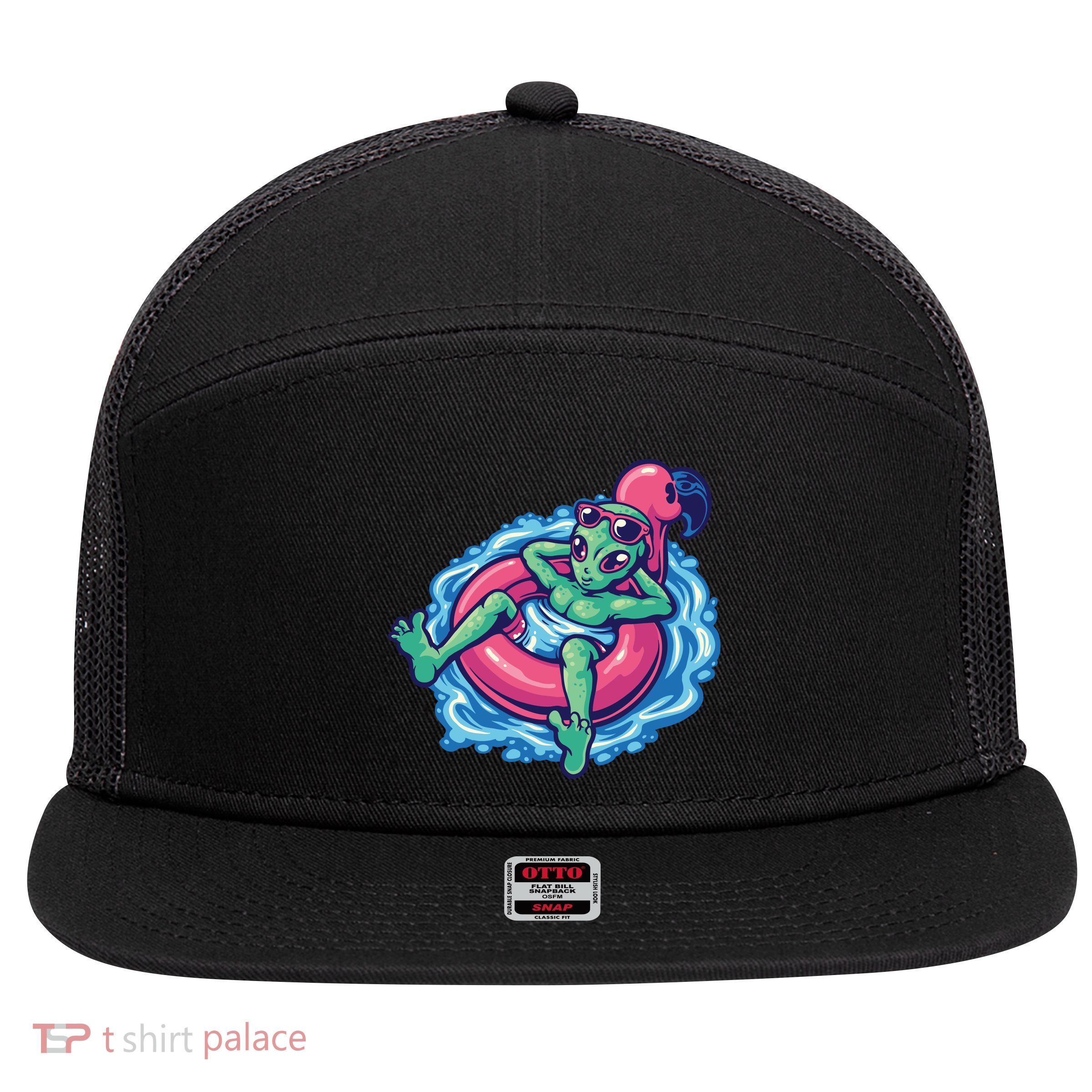 Alien On Flamingo Floaty Funny 7 Panel Mesh Trucker Snapback Hat