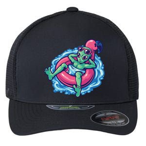 Alien On Flamingo Floaty Funny Flexfit Unipanel Trucker Cap