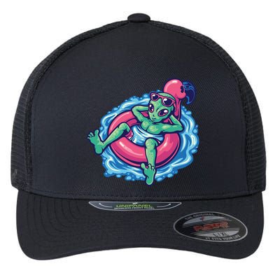 Alien On Flamingo Floaty Funny Flexfit Unipanel Trucker Cap