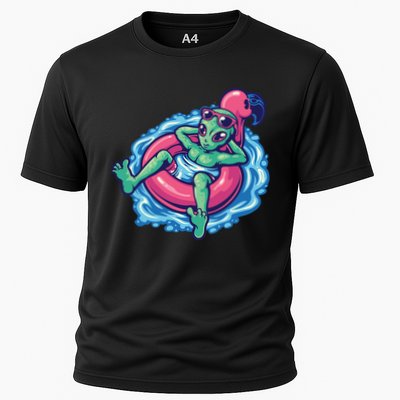 Alien On Flamingo Floaty Funny Cooling Performance Crew T-Shirt