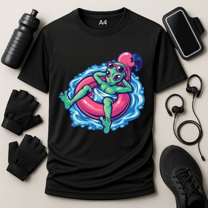 Alien On Flamingo Floaty Funny Performance Shirt