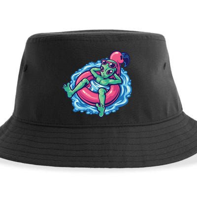 Alien On Flamingo Floaty Funny Sustainable Bucket Hat