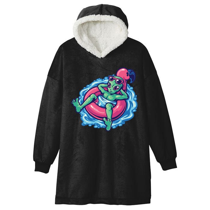 Alien On Flamingo Floaty Funny Hooded Wearable Blanket