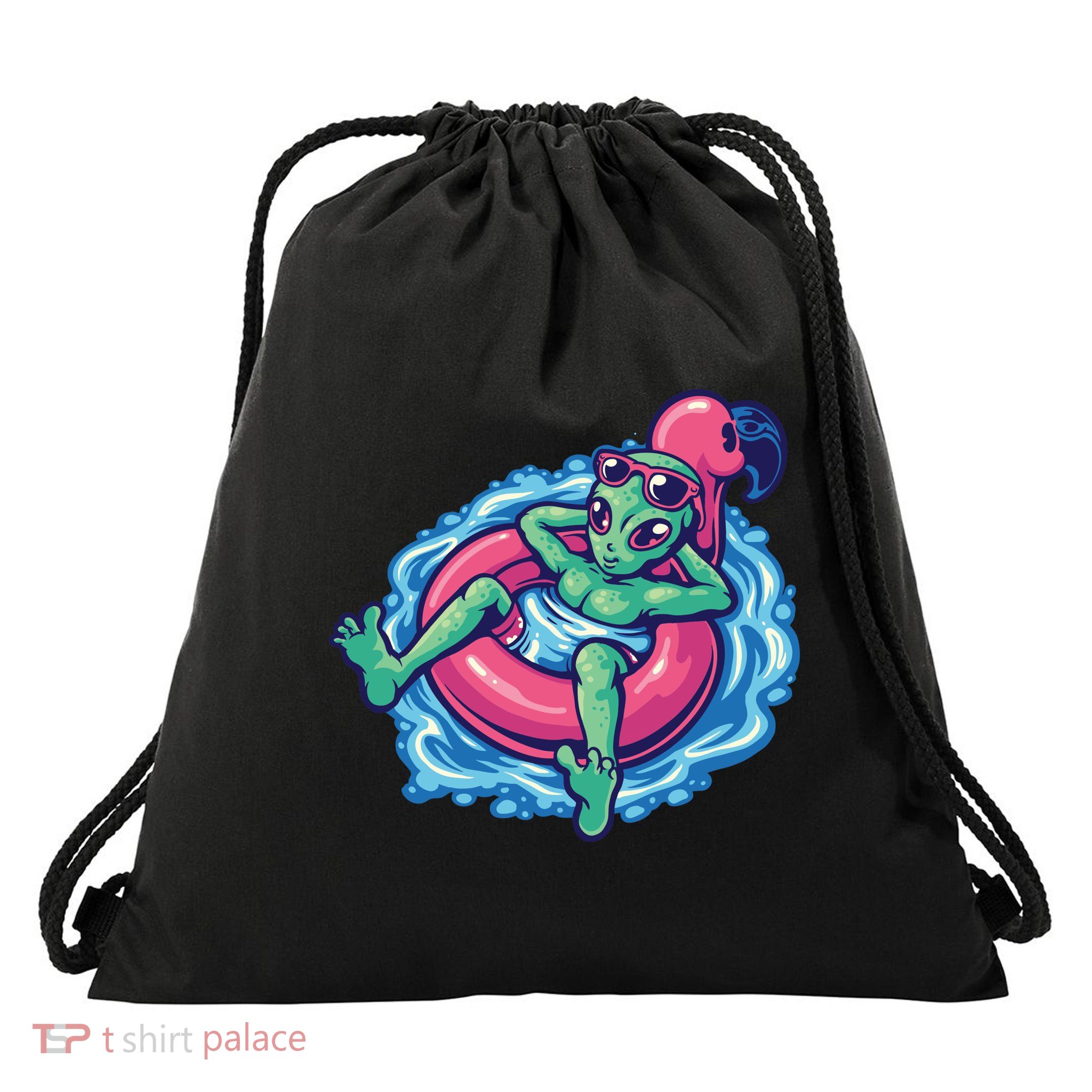 Alien On Flamingo Floaty Funny Drawstring Bag