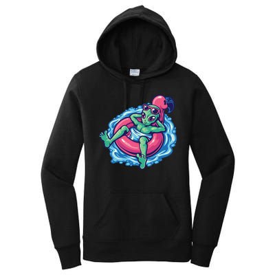 Alien On Flamingo Floaty Funny Women's Pullover Hoodie