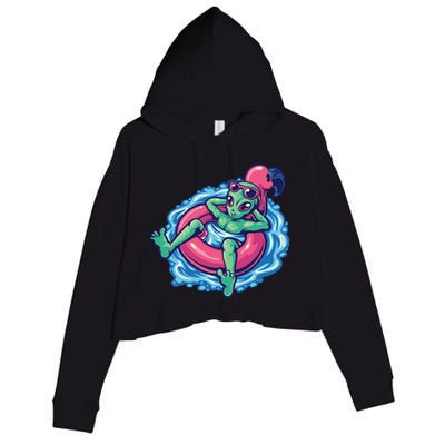 Alien On Flamingo Floaty Funny Crop Fleece Hoodie