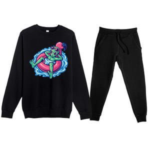 Alien On Flamingo Floaty Funny Premium Crewneck Sweatsuit Set