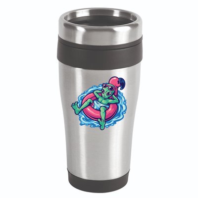 Alien On Flamingo Floaty Funny 16oz Travel Tumbler