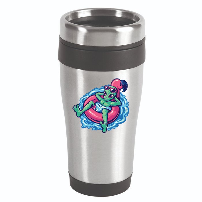 Alien On Flamingo Floaty Funny 16oz Travel Tumbler