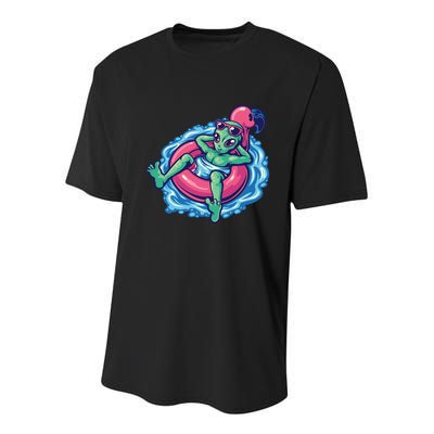 Alien On Flamingo Floaty Funny Youth Performance Sprint T-Shirt