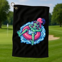 Alien On Flamingo Floaty Funny Golf Towel