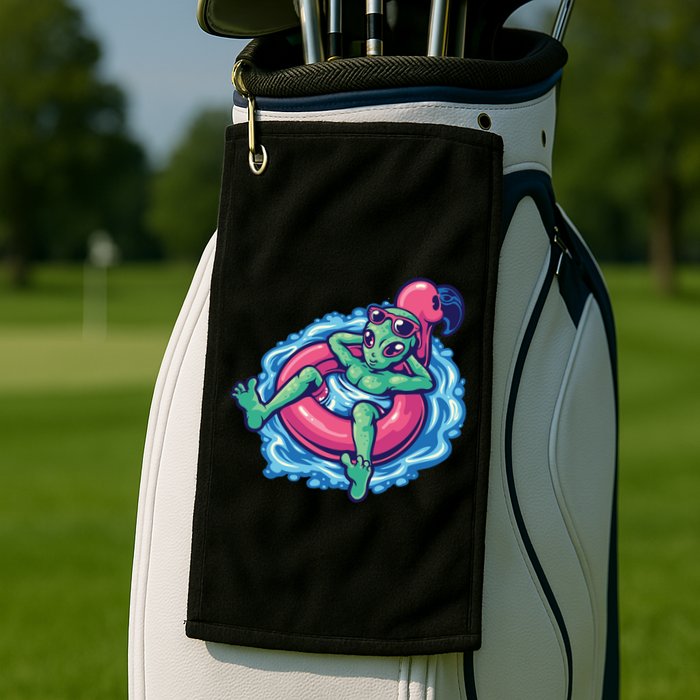 Alien On Flamingo Floaty Funny Golf Towel