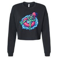 Alien On Flamingo Floaty Funny Cropped Pullover Crew