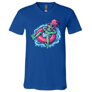 Alien On Flamingo Floaty Funny V-Neck T-Shirt