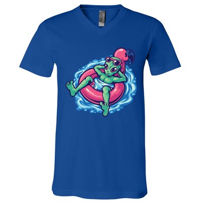 Alien On Flamingo Floaty Funny V-Neck T-Shirt