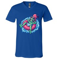 Alien On Flamingo Floaty Funny V-Neck T-Shirt