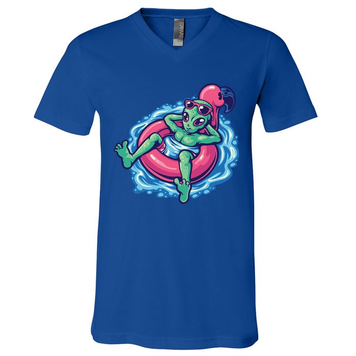 Alien On Flamingo Floaty Funny V-Neck T-Shirt