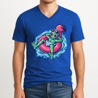 Alien On Flamingo Floaty Funny V-Neck T-Shirt